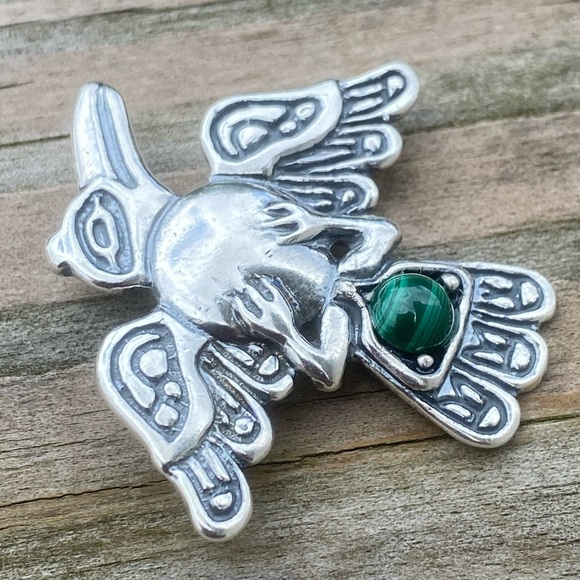 Raven Pendant .925 Sterling Silver w/ genuine Malachite gemstone USA - Picture 9 of 13